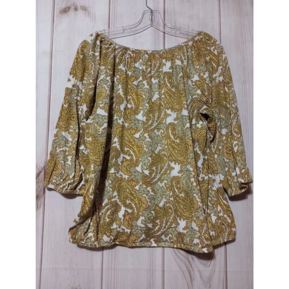 Michael‎ Kors Womens 1X Yellow Paisley Scoop Neck 3/4 Sleeve Blouse Top